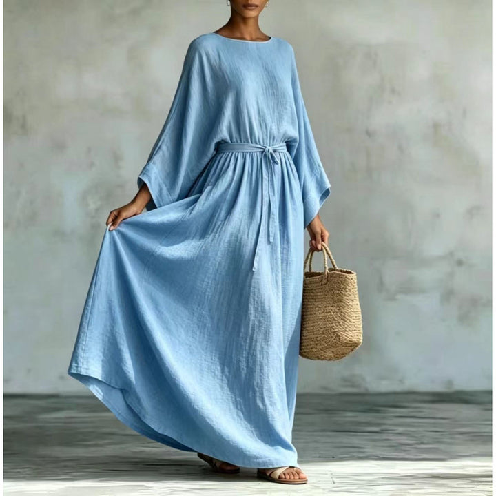 Women's Long Linen Look Kaftan Dress with Drawstring Waist and Batwing Sleeves Mune Fashion