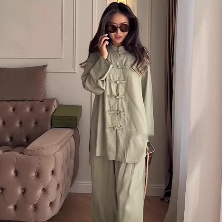 Women Two-Piece Oversize Lounge Set with Stand-Up Collar and Decorative Knot Closures Mune Fashion