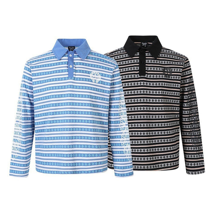 Unisex Long Sleeve Polo Shirt with Jacquard Stripe Pattern, Ribbed Collar and Logo Embroidery Mune Fashion