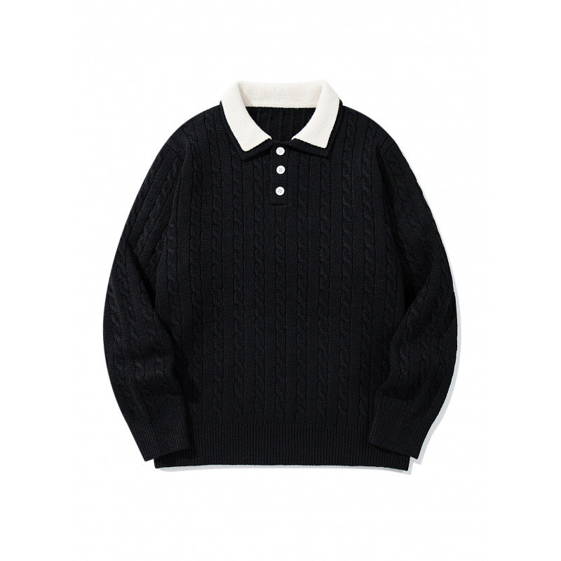 Men's Chunky Knitted Polo Collar Sweater with Cable Pattern and Button Placket Mune Fashion