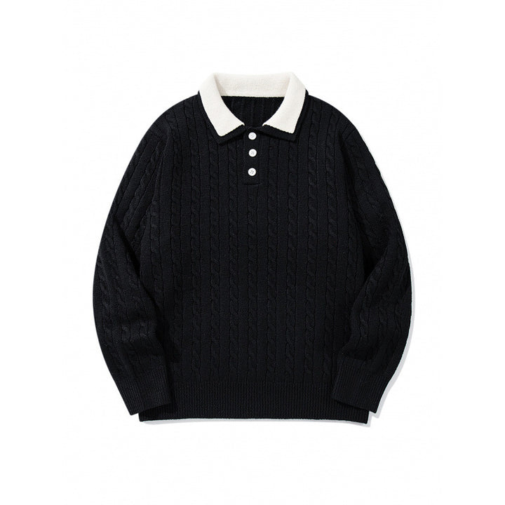 Men's Chunky Knitted Polo Collar Sweater with Cable Pattern and Button Placket Mune Fashion