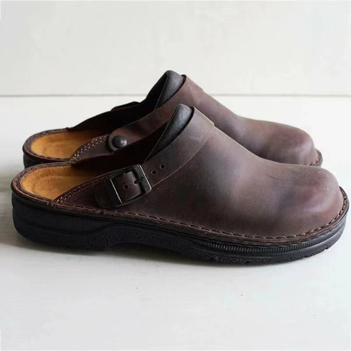 Men's Leather Mule Clog with adjustable buckle strap and padded comfort footbed Mune Fashion