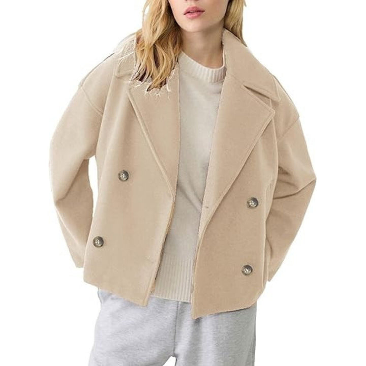 Women's Short Double-Breasted Wool Blend Peacoat with Oversized Lapels Mune Fashion