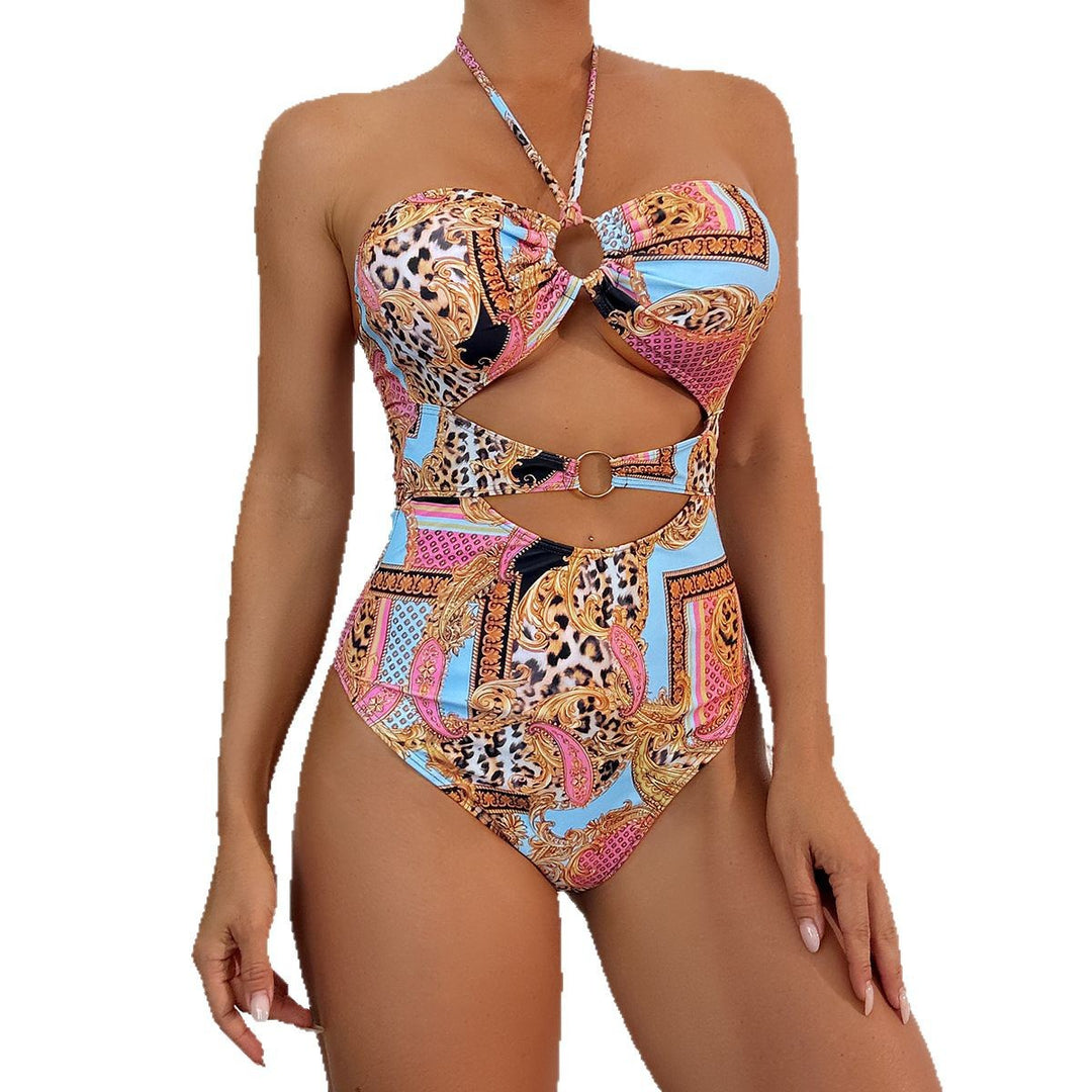 Women's one-piece swimsuit with stylish cut-out design and colorful pattern mix Mune Fashion
