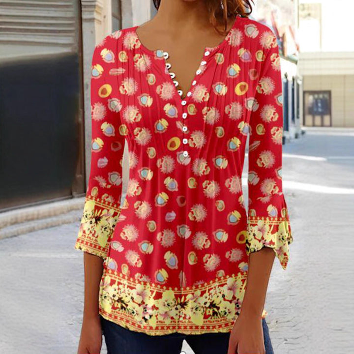 Women nan lightweight Boho blouse with V-neck, decorative pleats, button placket and three-quarter sleeves Mune Fashion