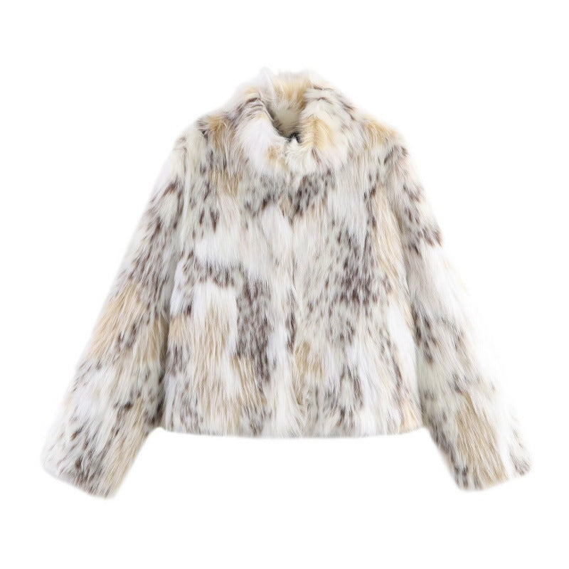 Women Short Cut Faux Fur Jacket with Stand Collar and Voluminous Faux Fur Mune Fashion