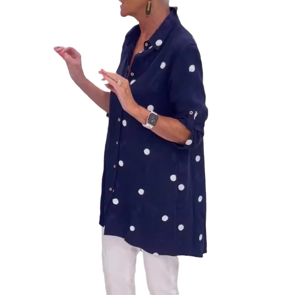 Women's long cut polka dot tunic with shirt collar, continuous button placket and sleeve tabs Mune Fashion