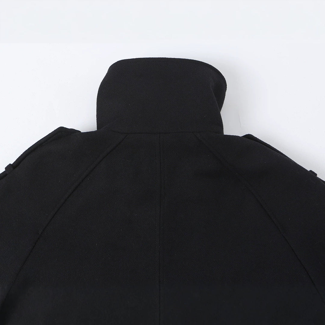 Women's Short Double-Breasted Peacoat with High Standing Collar and Shoulder Straps Mune Fashion