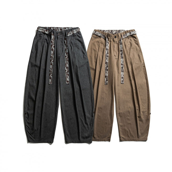 Men's Loose Highwaist Pleated Pants with Elastic Waistband and Printed Drawstring Mune Fashion