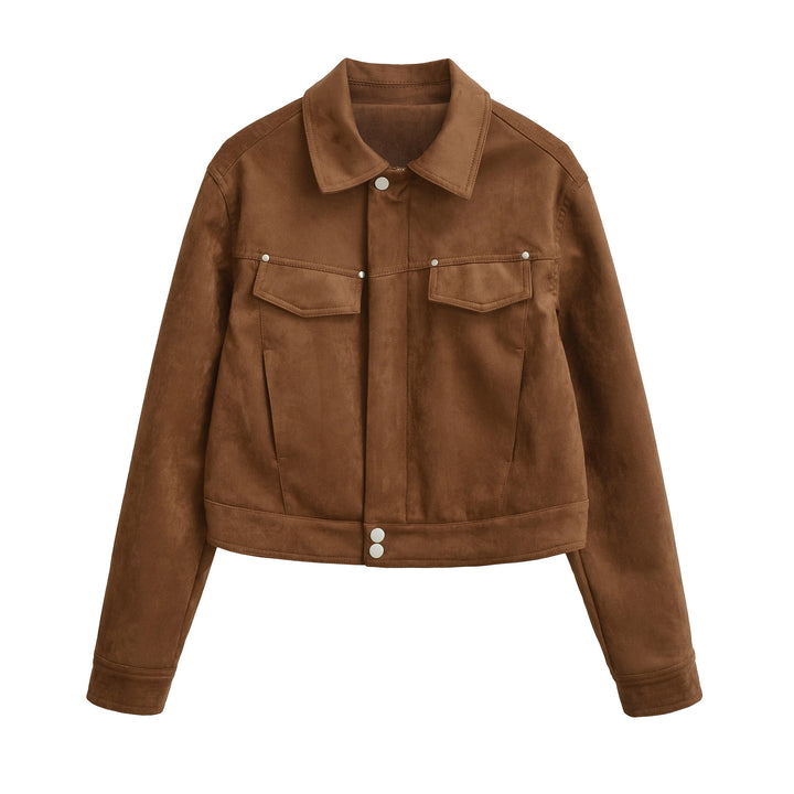 Women Short Velvet-Look Jacket with Snap Button Placket and Patch Breast Pockets Mune Fashion