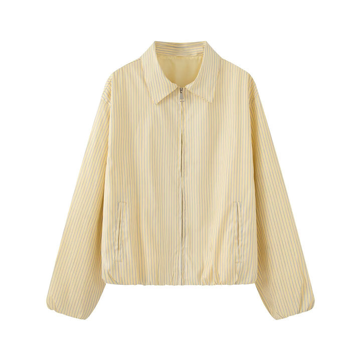 Women's Lightweight Striped Blouson Jacket with Zipper, Shirt Collar and Elastic Hem Mune Fashion