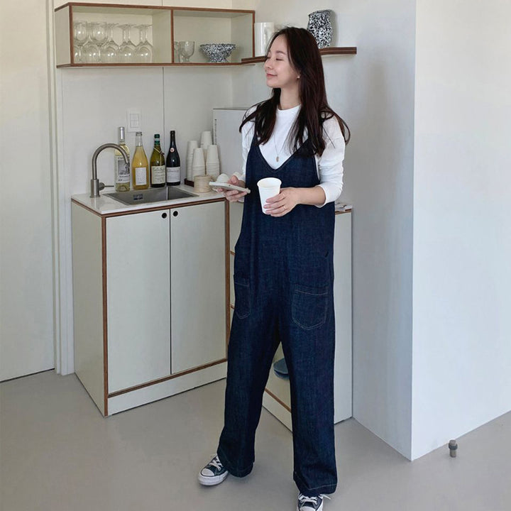 Women's Oversized Denim Dungarees with Wide Legs and Side Pockets Mune Fashion