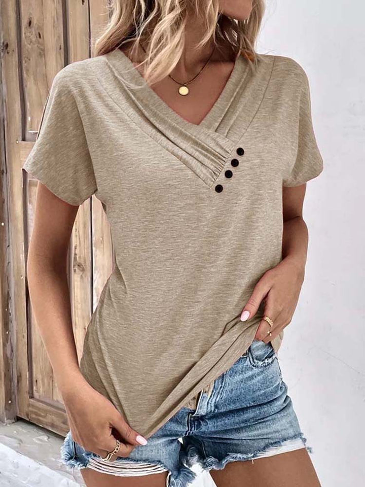 Women's Playful V-Neck T-Shirt with Refined Button Details Mune Fashion
