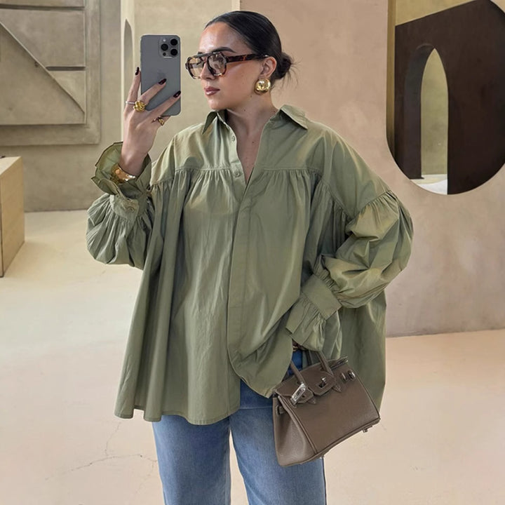 Women nan oversized tunic blouse with concealed button placket, gathered yoke and frill cuff Mune Fashion