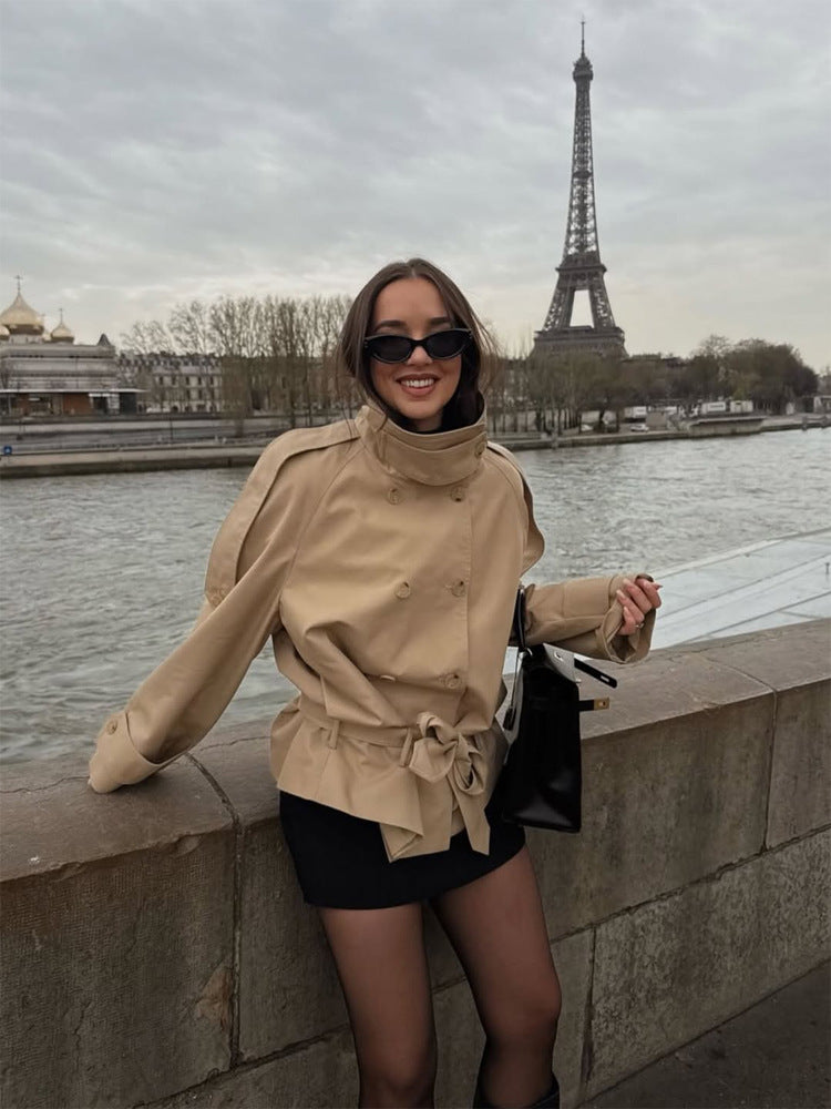 Women Short Trench with High Stand Collar, Double-Breasted Button Placket & Waist Belt Mune Fashion