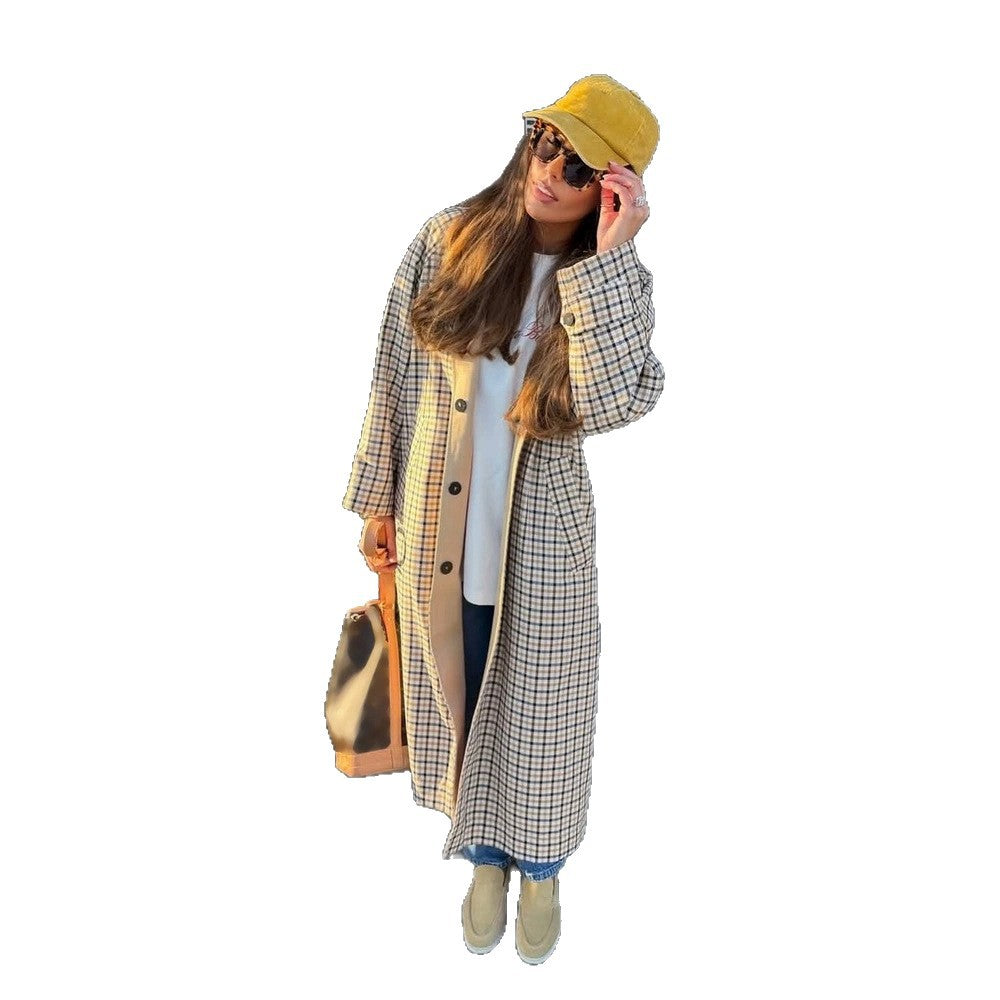 Women’s Maxi Long Checked Wool Blend Coat with Straight Silhouette Mune Fashion