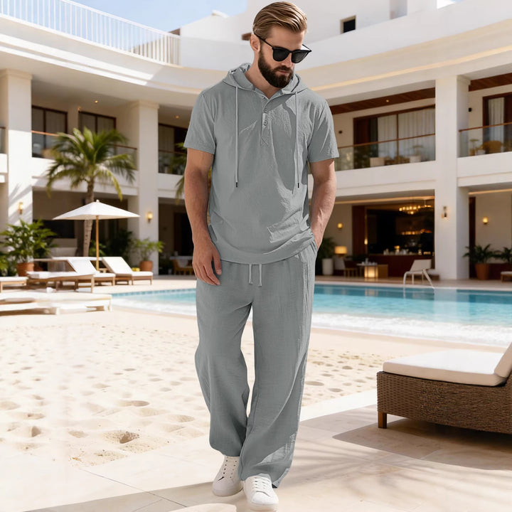 Men's casual short-sleeve hooded shirt in crinkled cotton blend with Henley button placket Mune Fashion
