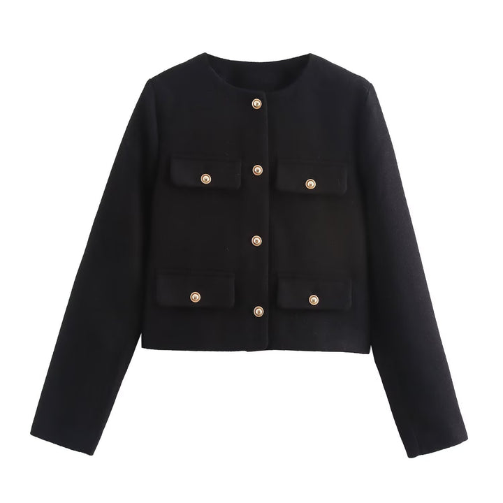 Women Short Boucle Blazer Jacket with Round Neck, Decorative Pocket Flaps, and Gold-Colored Buttons Mune Fashion
