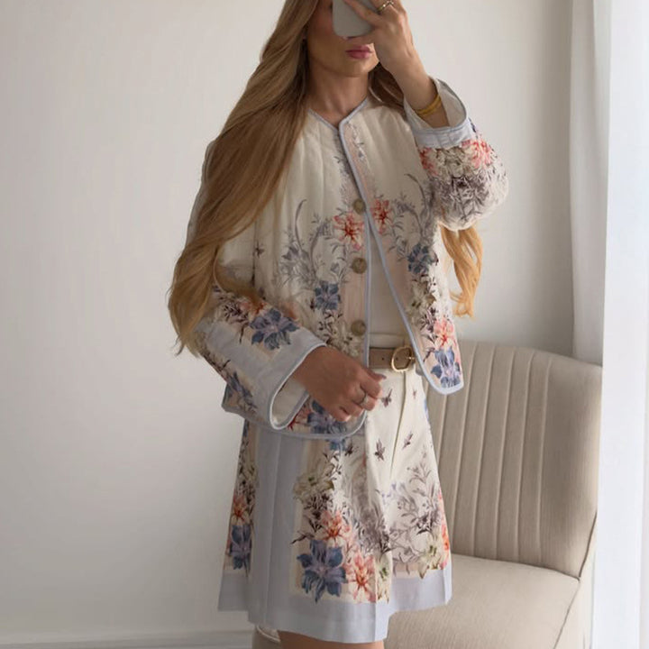 Women Two-Piece Floral Boucle Jacket and Pleated Mini Skirt Set Mune Fashion