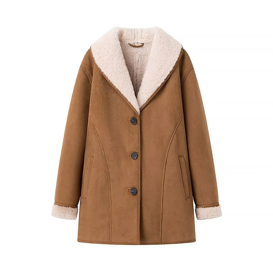 Women's midi coat made of lamb fur imitation with voluminous shawl collar and button closure Mune Fashion