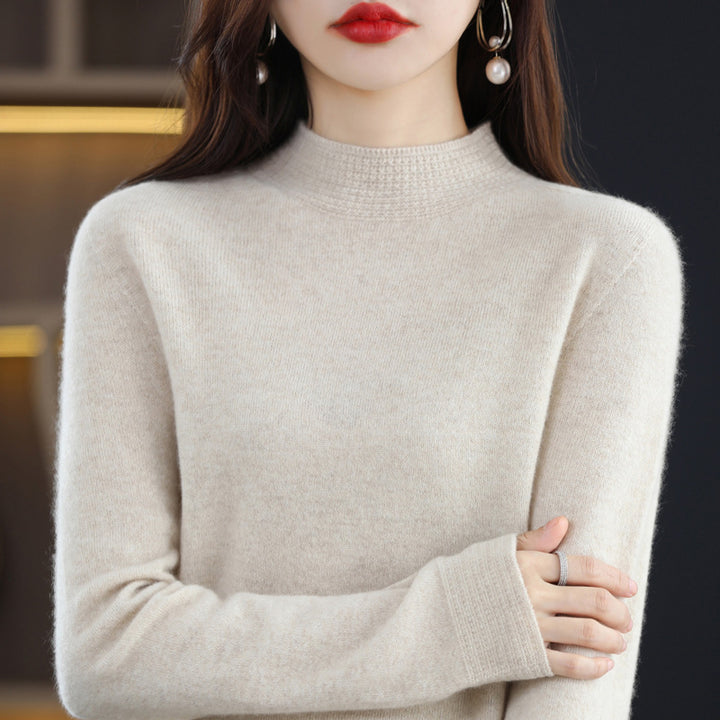 Women Light Fine Knit Mock Neck Sweater with Structured Collar Trim Mune Fashion