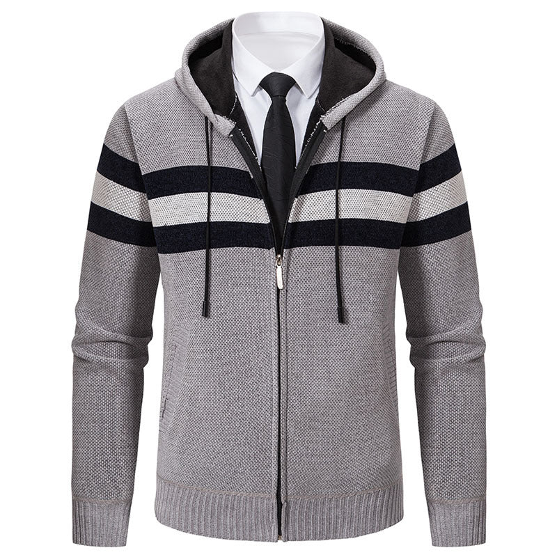 Men's Knitted Hooded Cardigan with Contrast Stripes and Zipper Mune Fashion