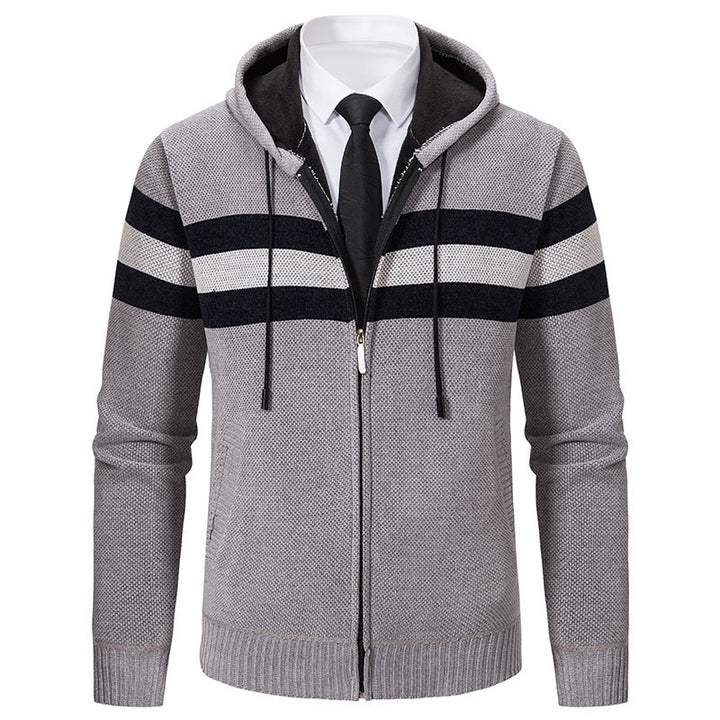 Men's Knitted Hooded Cardigan with Contrast Stripes and Zipper Mune Fashion
