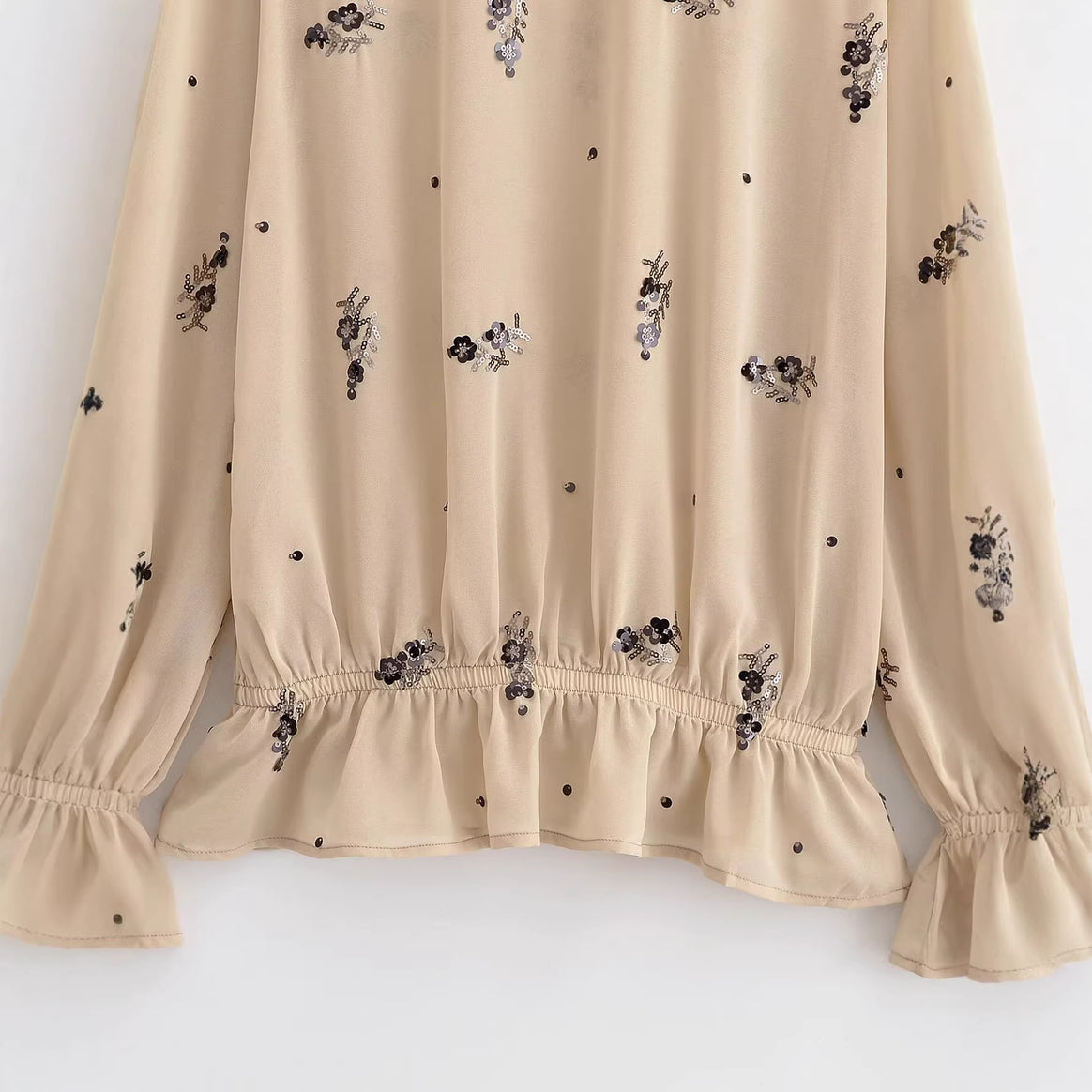 Women Chiffon blouse with floral sequin embroidery, stand-up collar and gathered waist yoke Mune Fashion