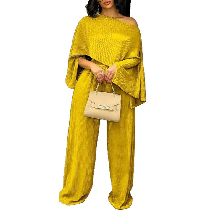 Women's Two-Piece Textured Loungewear Set with Cropped Cape Top and Maxi Skirt with Side Slit Drune