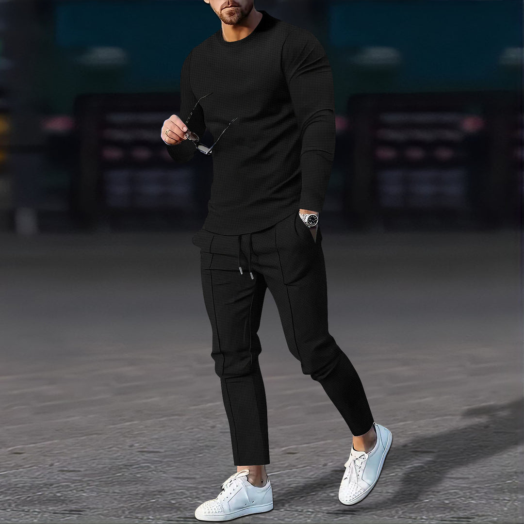 Men's modern lounge set made of fine stretch jersey with round neck long sleeve and tapered cargo jogger Mune Fashion