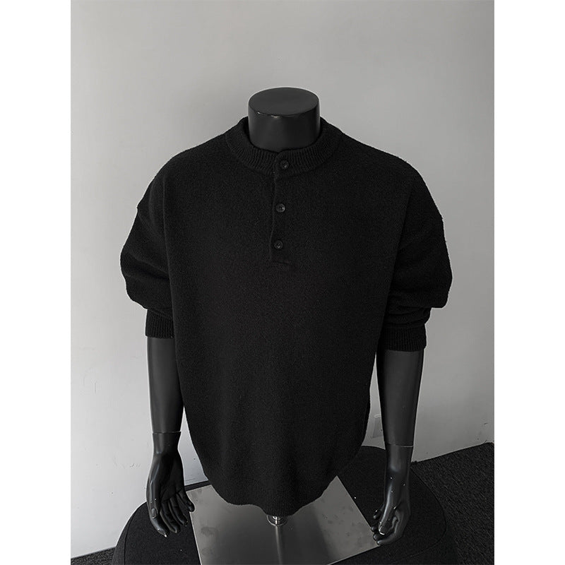 Men's Oversized Knit Sweater with Henley Collar and Half Button Placket Mune Fashion