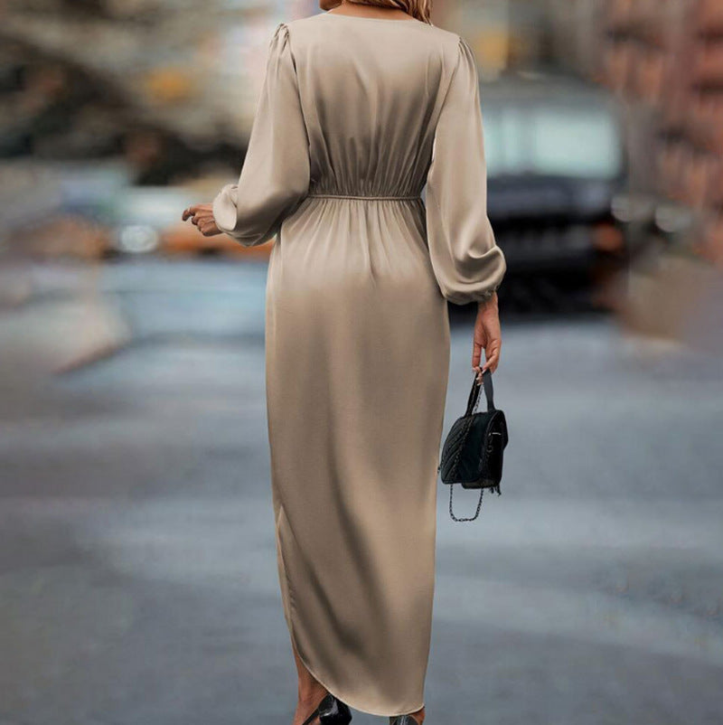 Women's elegant satin midi dress with twist waist V-neck and balloon sleeves Mune Fashion