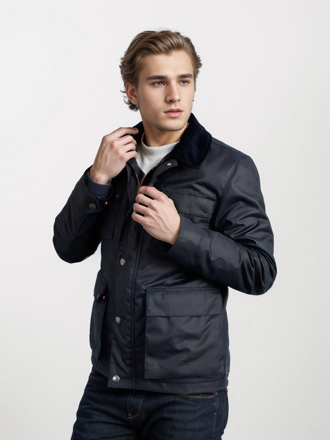 Men's wax jacket in field style with corduroy collar and multiple pockets Mune Fashion