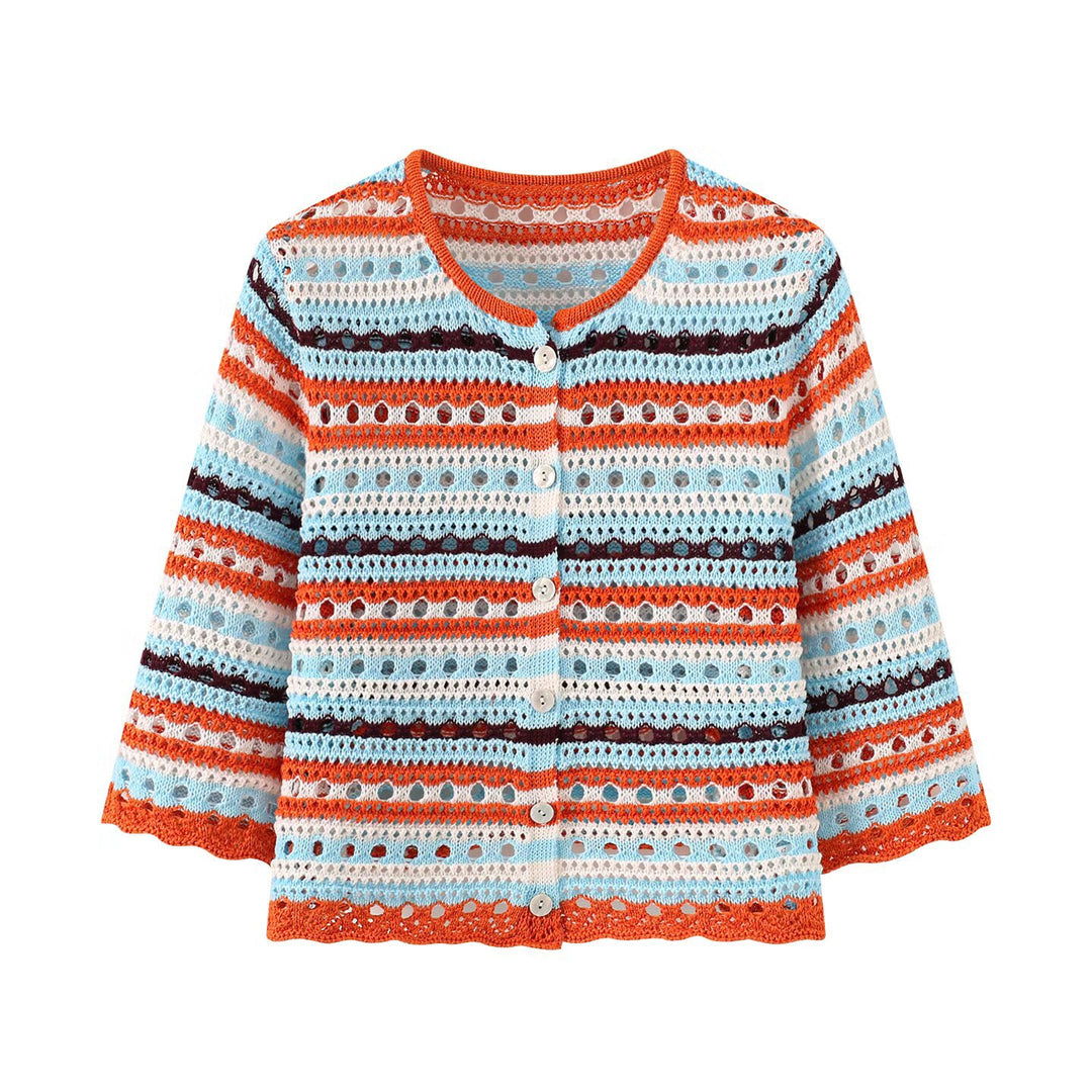 Women's crochet cardigan with lace pattern, striped texture and three-quarter sleeves Mune Fashion