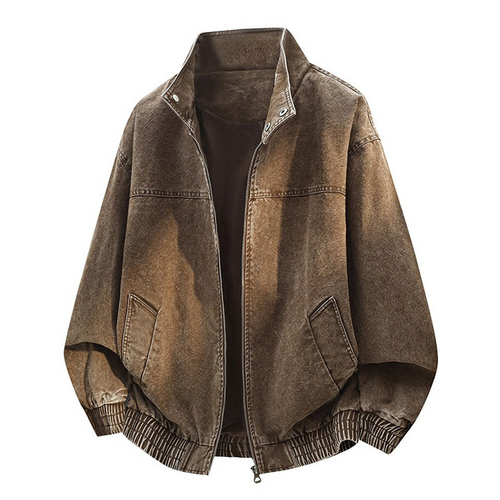 Men's Oversized Bomber Jacket in Used Effect with Stand-Up Collar, Elastic Band and Flap Pockets Mune Fashion