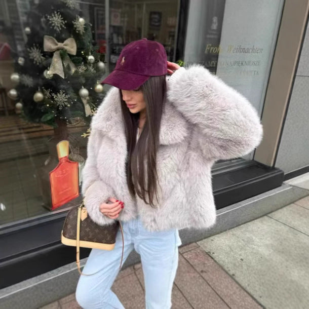Women's Short-Cut Faux Fur Blouson with Voluminous Shawl Collar and Dense Pile Mune Fashion