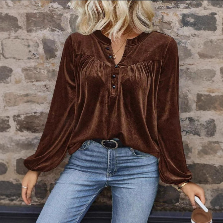 Women's velour sweatshirt with Henley button placket, gathered chest yoke, and relaxed silhouette Mune Fashion