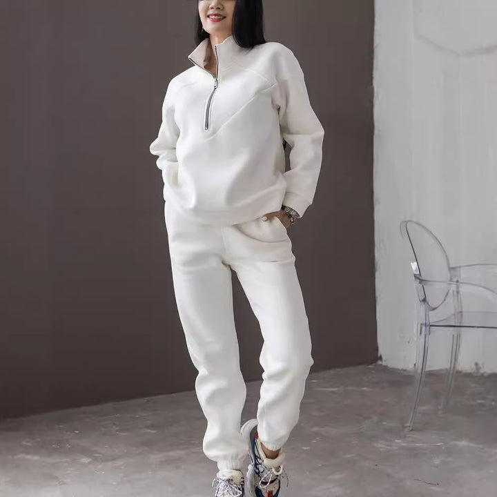 Women's Two-Piece Sweat Loungewear Set with Troyer Zipper and Elastic Jogging Pants Mune Fashion