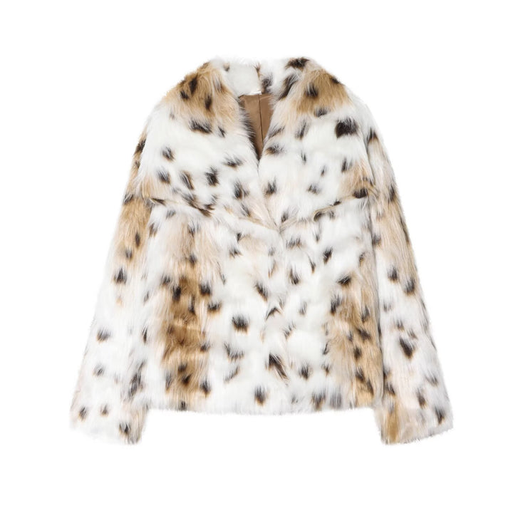 Ladies nan short faux fur jacket with animal pattern, V-neck and fitted silhouette Mune Fashion