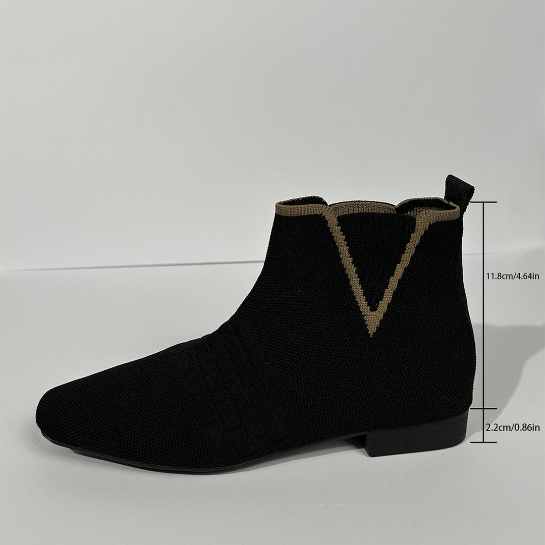Women's knitted sock ankle boot with elastic V-insert, pull tab and flat block heel Mune Fashion