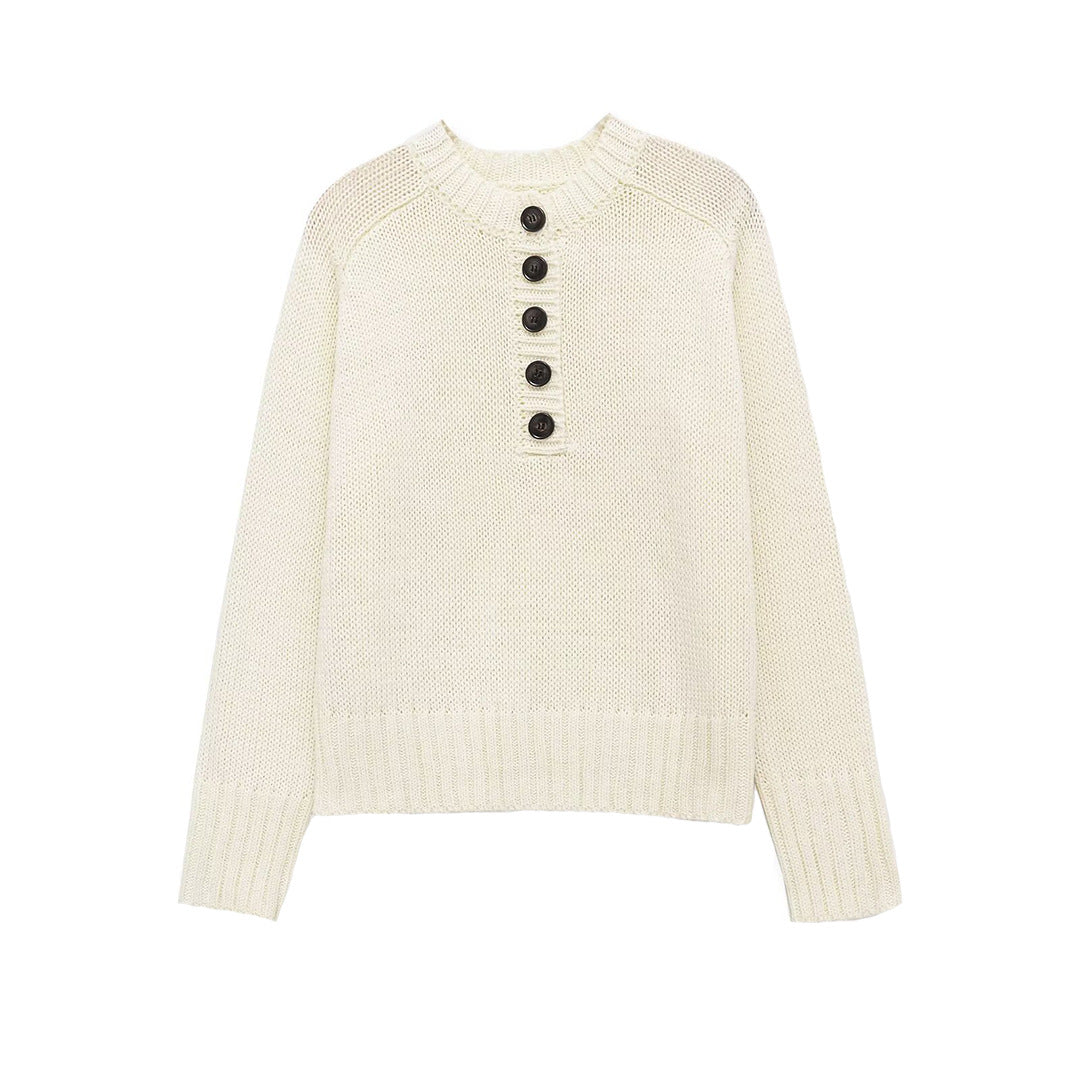Women's chunky knit Henley sweater with wooden buttons and ribbed cuffs Mune Fashion