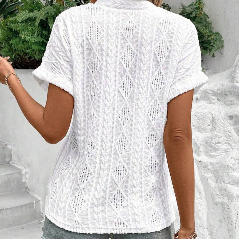 Ladies light ajour knit tunic with V-neck, diamond pattern and rolled-up sleeves Mune Fashion