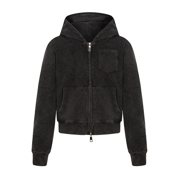 Ladies short-cut hooded zip jacket made of garment-dyed cotton fleece with chest pocket Mune Fashion