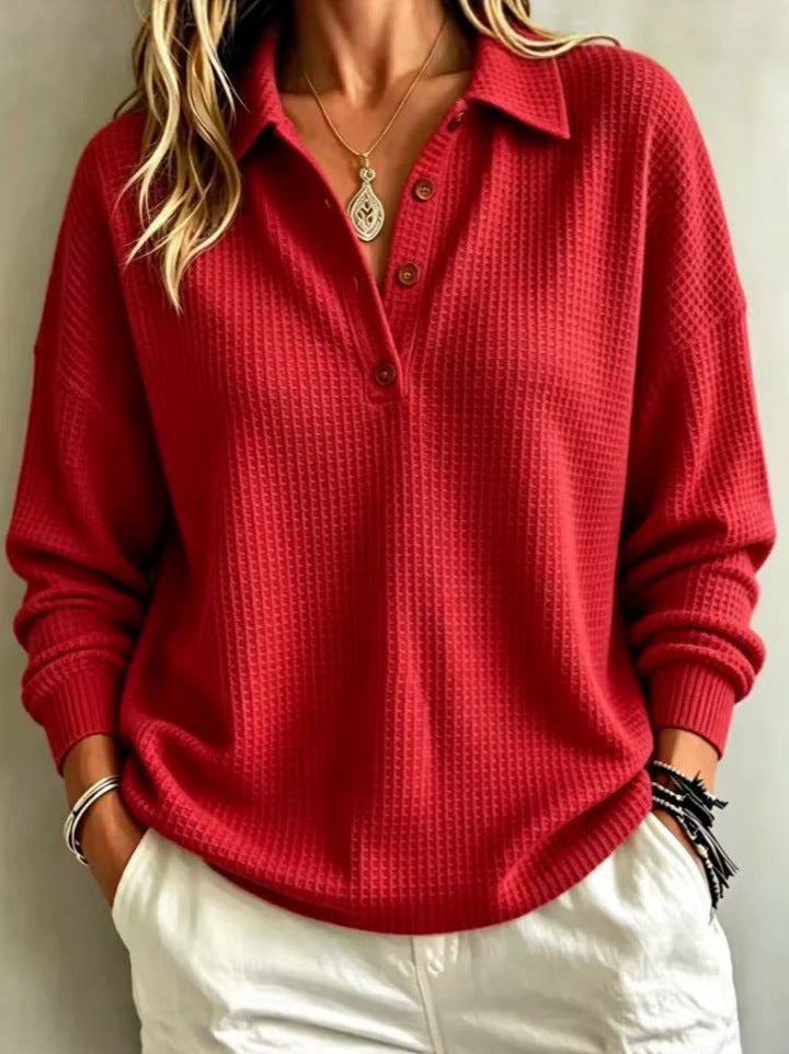 Ladies waffle knit polo with oversized fit, button placket and roll neck look Mune Fashion