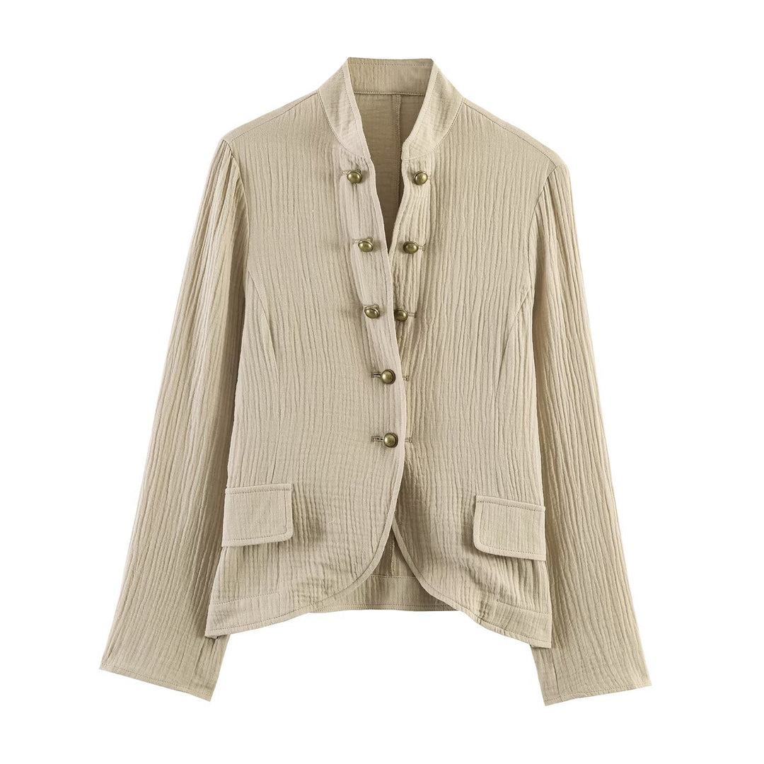 Women Structured Stand Collar Jacket with Decorative Metal Buttons Mune Fashion