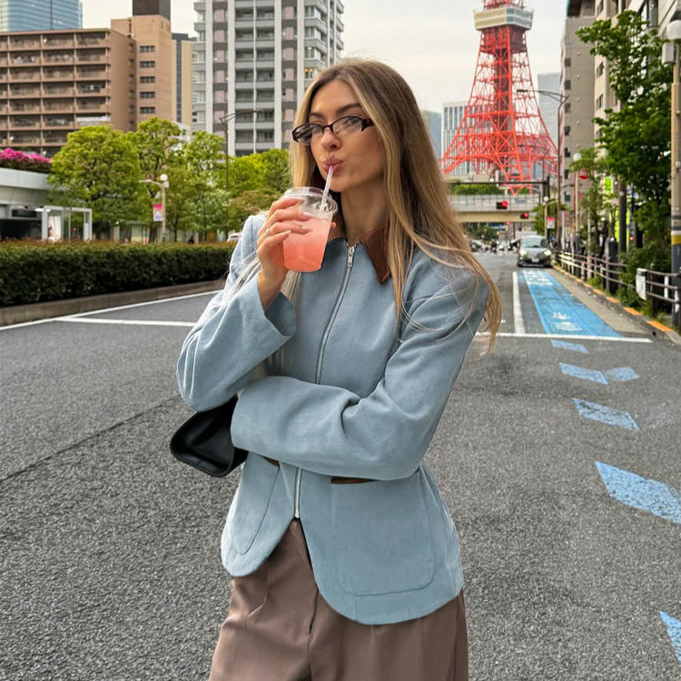 Women's Fitted Velvet Blazer with Zipper and Contrast Collar Mune Fashion
