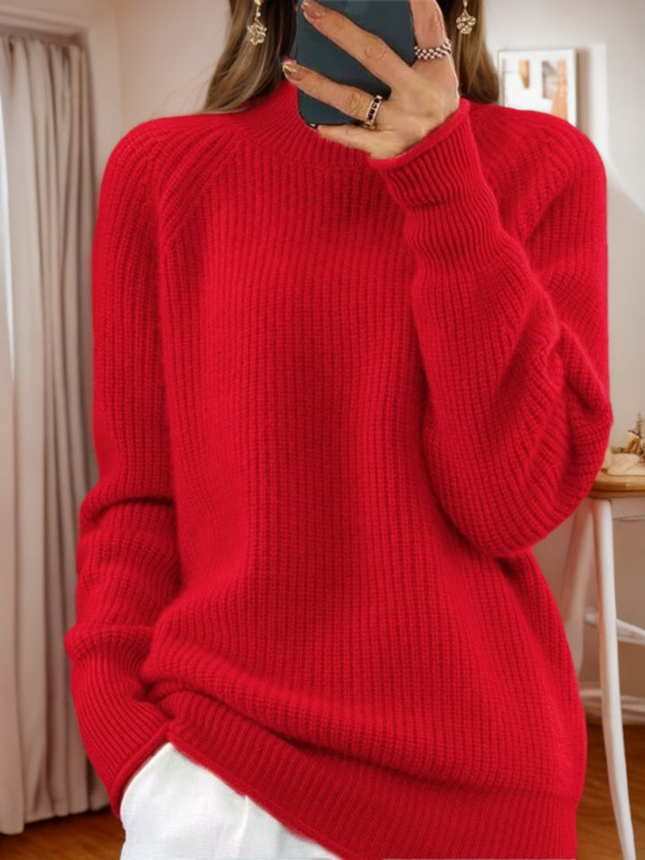 Women's cozy knitted sweater with stand-up collar and ribbed structure Mune Fashion