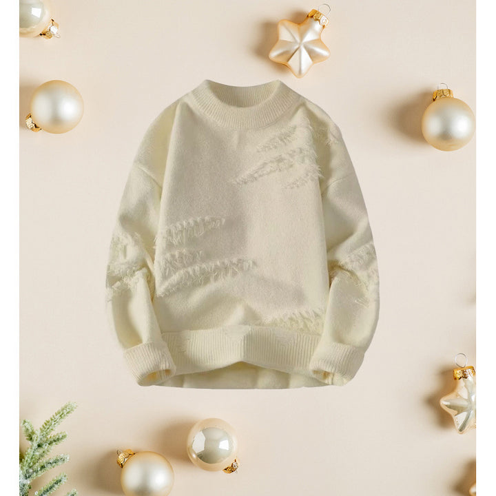 Women's Short Cut Cozy Knit Sweater with Fringe Inserts and High Collar Mune Fashion