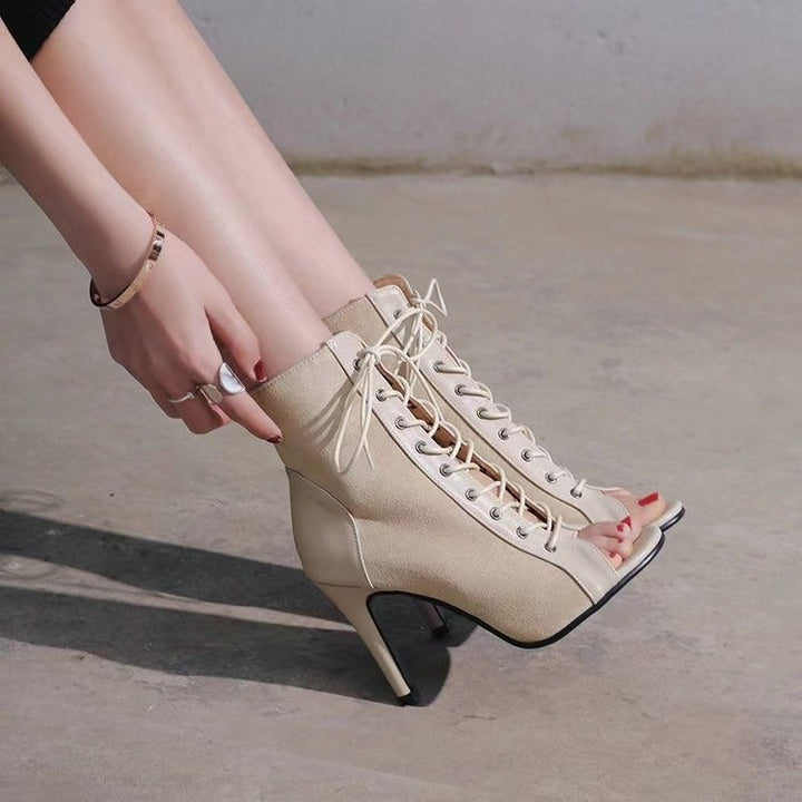 Women's Open-Toe Lace-Up Ankle Boot with Suede Look and Stiletto Heel Mune Fashion