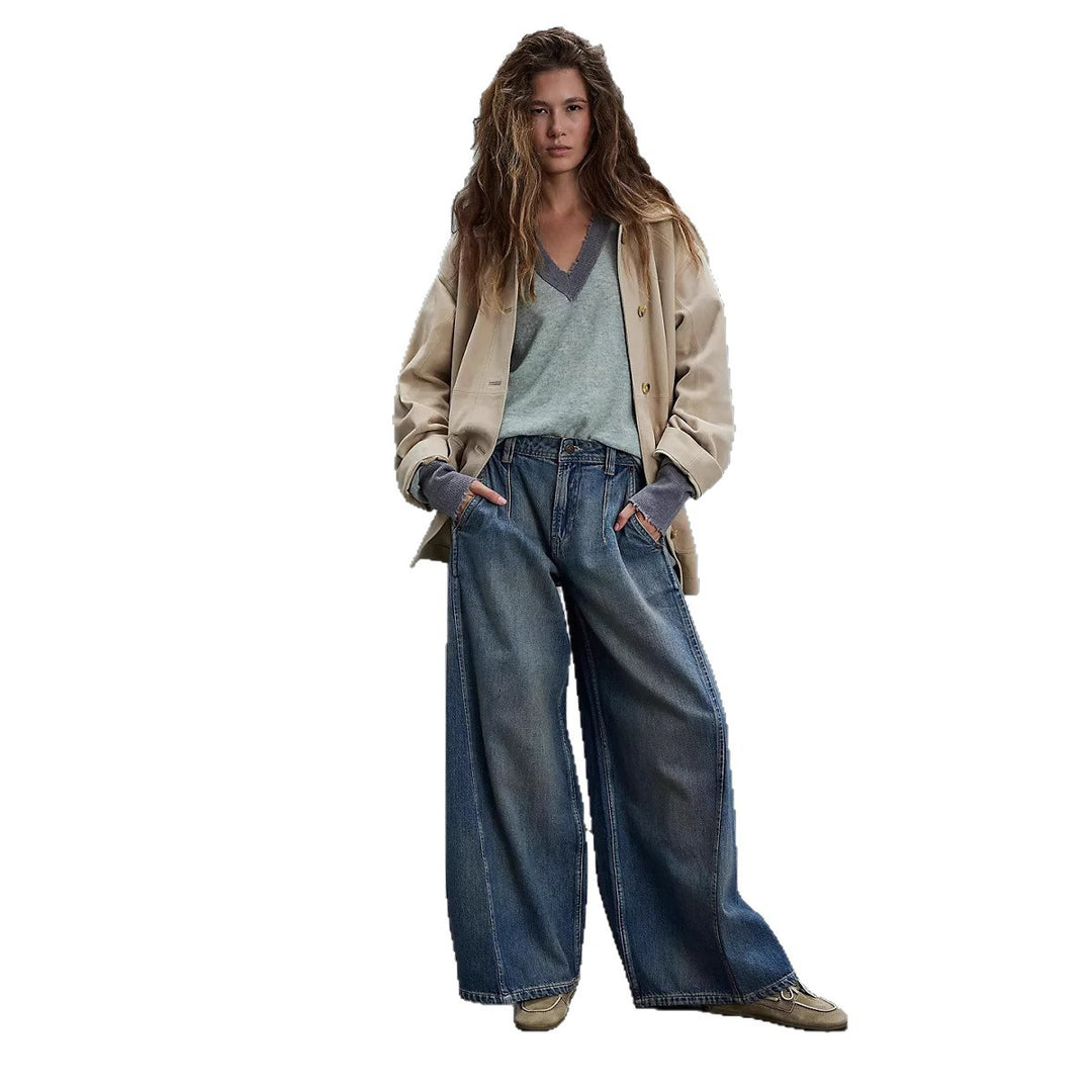 Ladies' extra wide high-waist palazzo jeans with a high waistband, drop crotch, and faded vintage look Mune Fashion
